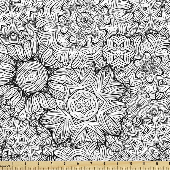 Ambesonne Floral Fabric by the Yard Upholstery, Hand Drawn Lines Curves, 1 Yard, Black White