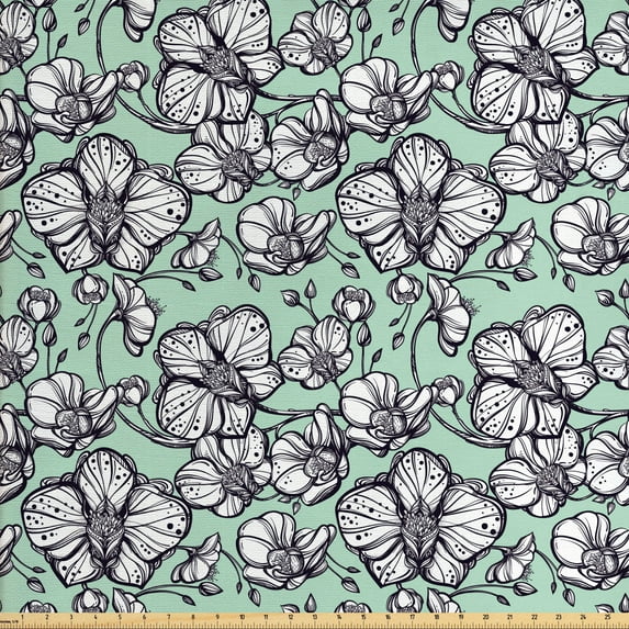Ambesonne Floral Fabric by the Yard Upholstery, Hand Drawn Orchid Doodle, 10 Yards, Mint Green Navy Blue
