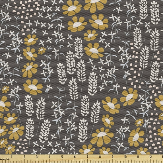Ambesonne Floral Fabric by the Yard Upholstery, Hand Drawn Spring Flowers, 3 Yards, Taupe and Dark Yellow