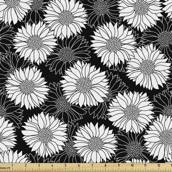 Ambesonne Floral Fabric by the Yard Upholstery, Hand Drawn Sunflower Forms, 2 Yards, White and Black