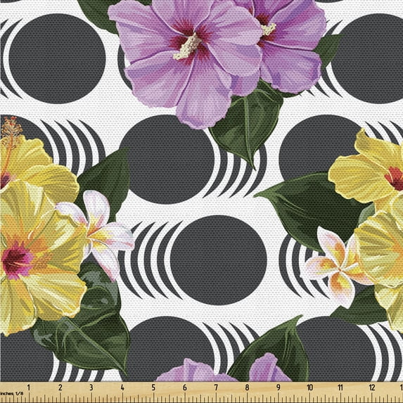 Ambesonne Floral Fabric by the Yard Upholstery, Hawaii Hibiscus Blooms Retro, 1 Yard, Pale Purple Mustard and Grey