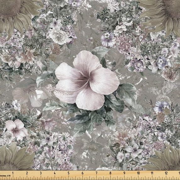 Ambesonne Floral Fabric by the Yard Upholstery, Hawaiian Hibiscus Sunflower, 5 Yards, Dimgray Slate Brown and Pearl