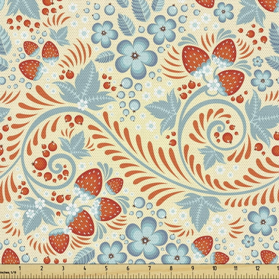 Ambesonne Floral Fabric by the Yard Upholstery, Image in Khokhloma Pattern, 1 Yard, Cream Pale Teal and Vermilion