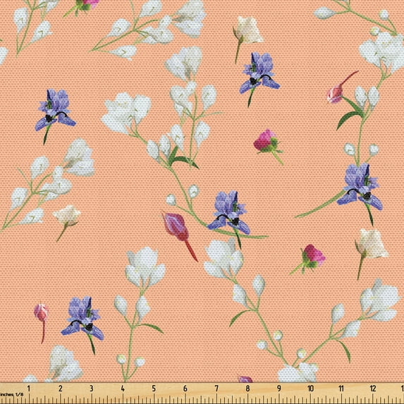 Ambesonne Floral Fabric by the Yard Upholstery, Iris Flower Leaf Vintage Art, 3 Yards, Peach and Violet Blue