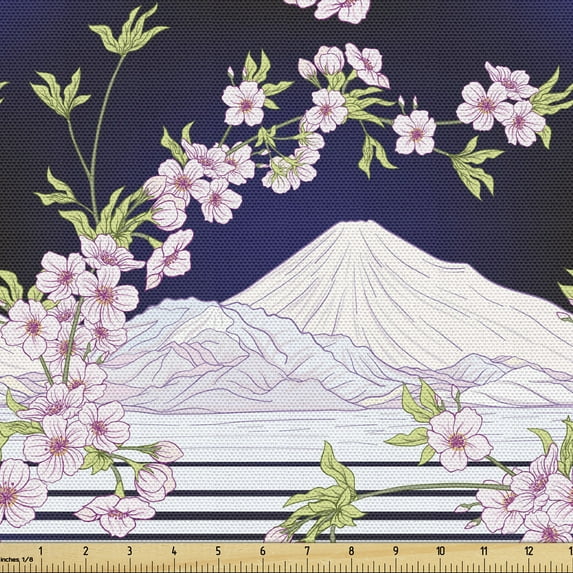 Ambesonne Floral Fabric by the Yard Upholstery, Japanese Blossom Mount Hill, 5 Yards, Indigo Pale Pink