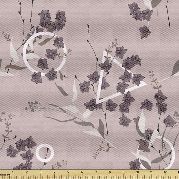 Ambesonne Floral Fabric by the Yard Upholstery, Japanese Blossom Sketch Art, 3 Yards, Warm Taupe Mauve Taupe