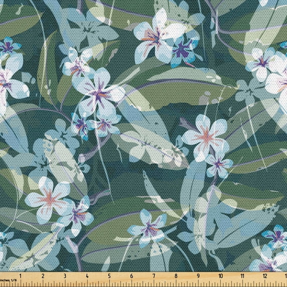 Ambesonne Floral Fabric by the Yard Upholstery, Jungle Flowers Tropical Leaf, 3 Yards, Pistachio Green and Soft Blue