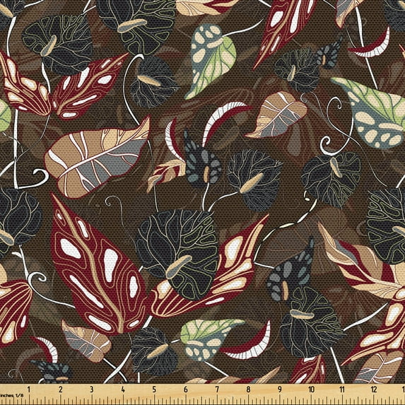 Ambesonne Floral Fabric by the Yard Upholstery, Jungle Foliage Exotic Leaves, 2 Yards, Burgundy Pale Green and Brown
