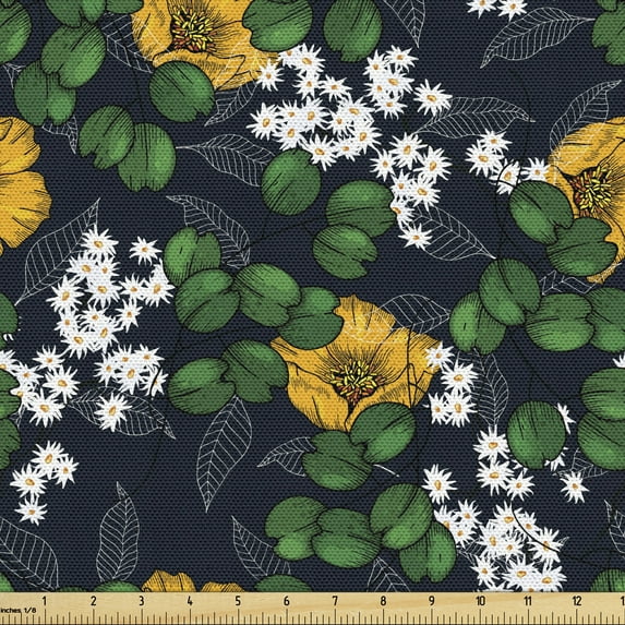 Ambesonne Floral Fabric by the Yard Upholstery, Leaves Daisy and Poppies, 1 Yard, Charcoal Grey Multicolor