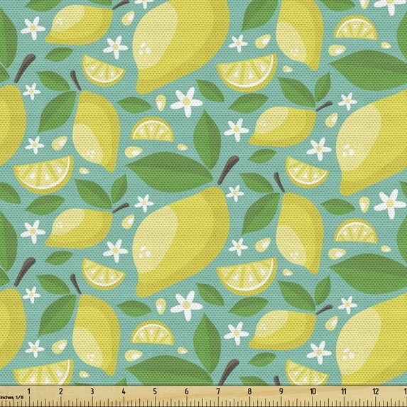 Ambesonne Floral Fabric by the Yard Upholstery, Lemons Leaves and Flowers, 5 Yards, Seafoam Green and Yellow