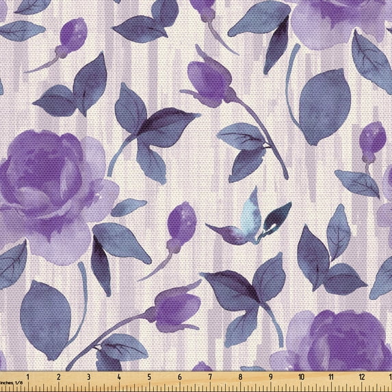 Ambesonne Floral Fabric by the Yard Upholstery, Lilac Roses Spring Romantic, 5 Yards, Plum Eggshell and Mauve