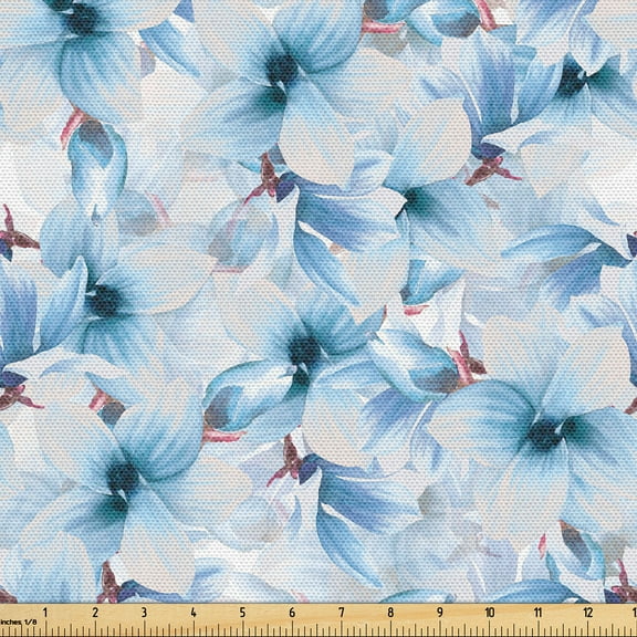 Ambesonne Floral Fabric by the Yard Upholstery, Magnolia Flowers Japanese, 1 Yard, Pale Sky Blue White