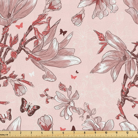 Ambesonne Floral Fabric by the Yard Upholstery, Magnolias Butterflies Plot, 3 Yards, Pastel Pink and Pale Rose