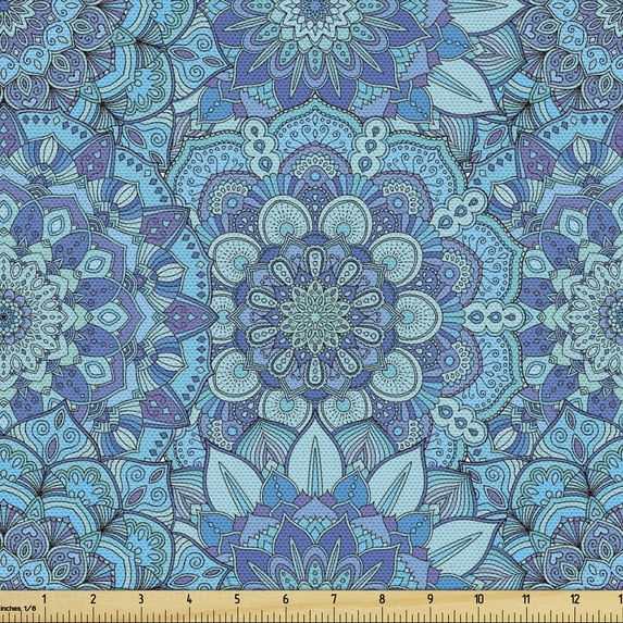 Ambesonne Floral Fabric by the Yard Upholstery, Mandala Themed Eastern Petal, 5 Yards, Aqua and Blue Violet