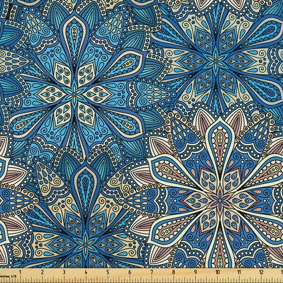 Ambesonne Floral Fabric by the Yard Upholstery, Mandalas Hippie Boho Pattern, 10 Yards, Dark Turquoise and Brown
