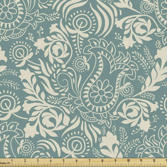 Ambesonne Floral Fabric by the Yard Upholstery, Marrakech Paisley, 5 Yards, Teal and Beige