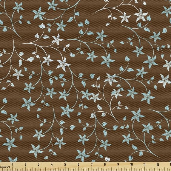 Ambesonne Floral Fabric by the Yard Upholstery, Minimalist Repeating Blossom, 5 Yards, Dark Rosewood and Pale Teal