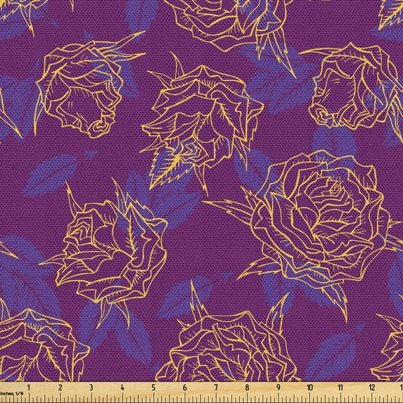 Ambesonne Floral Fabric by the Yard Upholstery, Modern Leaves Roses Botany, 10 Yards, Purple and Blue Violet