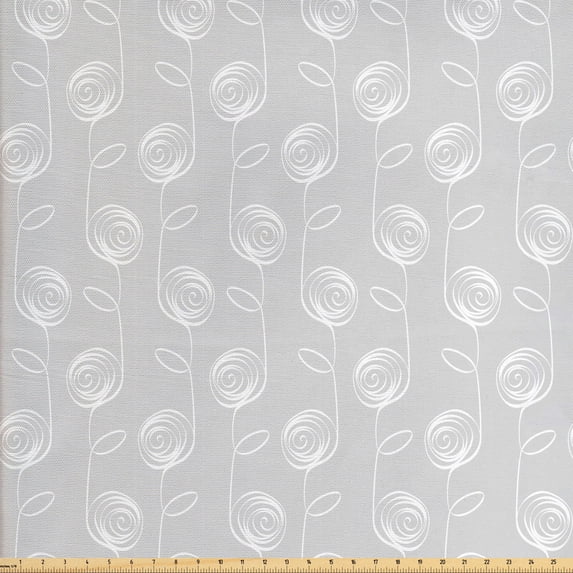 Ambesonne Floral Fabric by the Yard Upholstery, Modern Thin Line Rose Flower, 3 Yards, Pale Grey and White