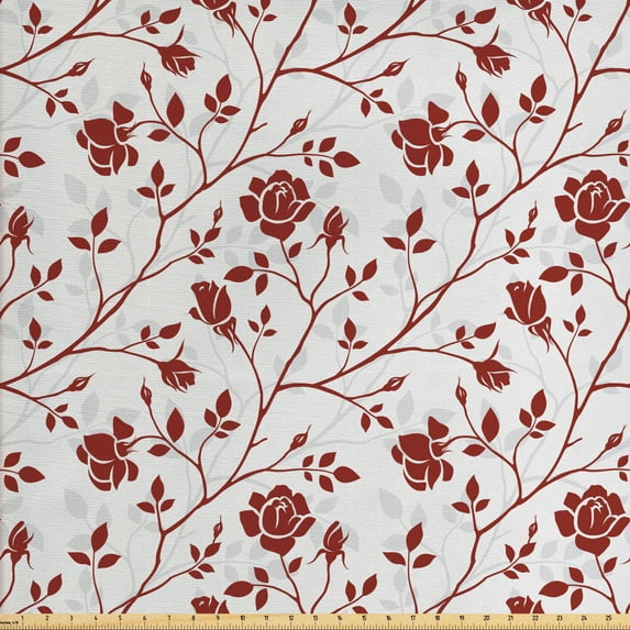 Ambesonne Floral Fabric by the Yard Upholstery, Monochrome Rose Leaves, 3 Yards, Ruby Beige White