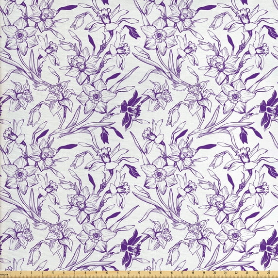 Ambesonne Floral Fabric by the Yard Upholstery, Monochrome Sketch Look Art, 2 Yards, Quartz and White