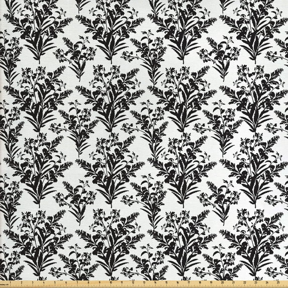 Ambesonne Floral Fabric by the Yard Upholstery, Monochrome Vintage Blossoms, 2 Yards, Charcoal Grey White
