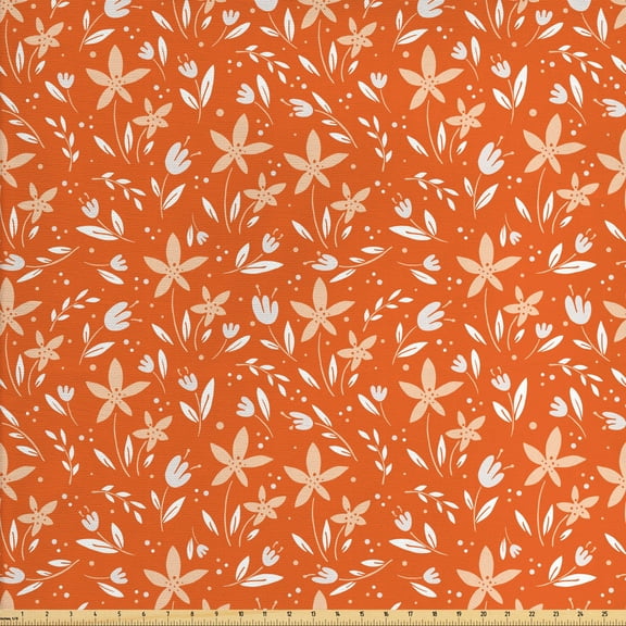 Ambesonne Floral Fabric by the Yard Upholstery, Nature Elements and Dots, 5 Yards, Champagne Orange
