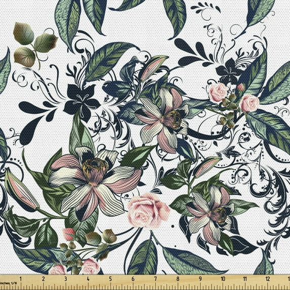 Ambesonne Floral Fabric by the Yard Upholstery, Nature Romance Rose Branches, 10 Yards, White Multicolor