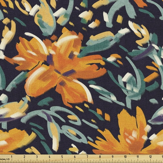 Ambesonne Floral Fabric by the Yard Upholstery, Orangish Tropical Flowers, 1 Yard, Dark Orange Fern Green