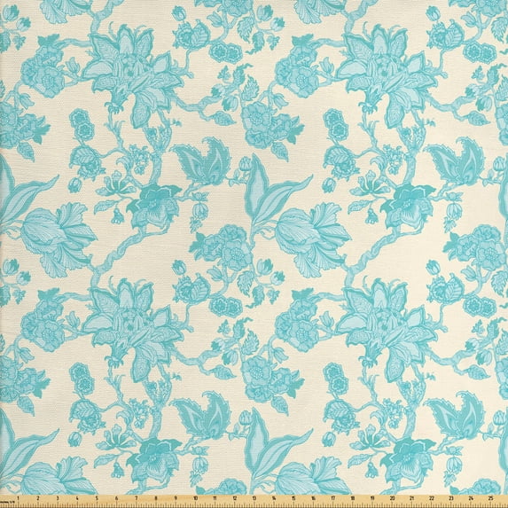 Ambesonne Floral Fabric by the Yard Upholstery, Oriental Blooming, 3 Yards, Champagne Pale Blue