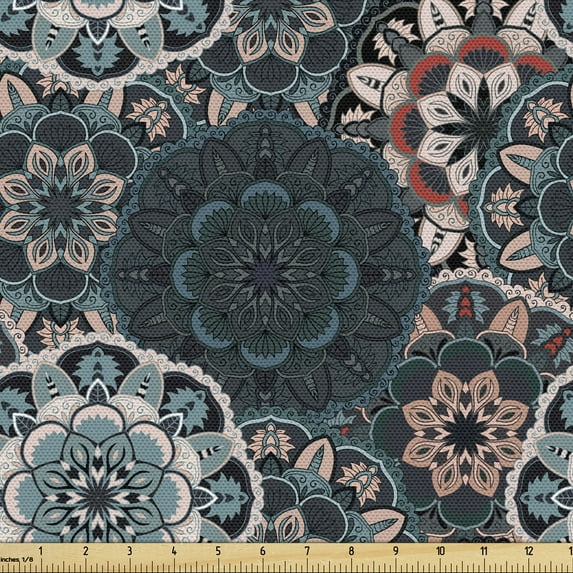 Ambesonne Floral Fabric by the Yard Upholstery, Oriental Gloomy Tone Mandala, 2 Yards, Dark Blue Grey