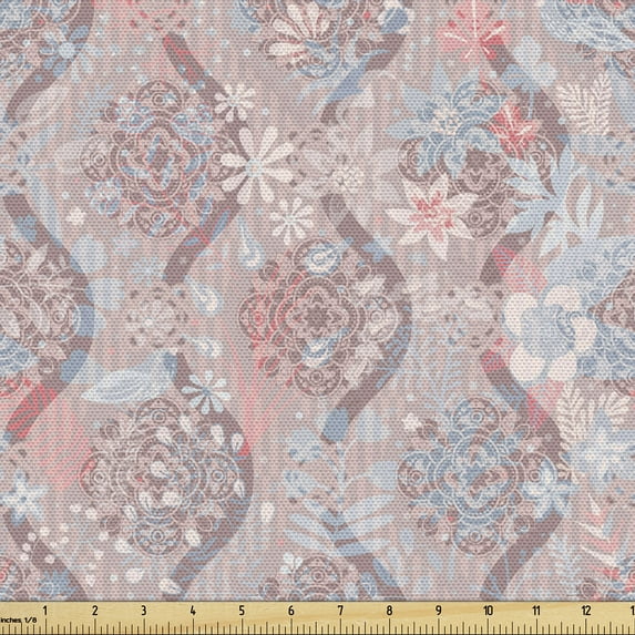 Ambesonne Floral Fabric by the Yard Upholstery, Oriental Vintage Blossom Art, 1 Yard, Soft Blue Dark Mauve