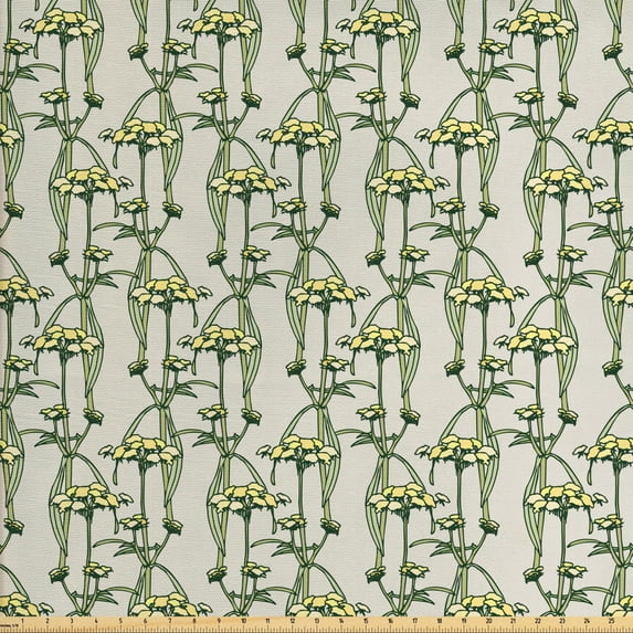 Ambesonne Floral Fabric by the Yard Upholstery, Ornamental Botanical Theme, 10 Yards, Pale Green Yellow
