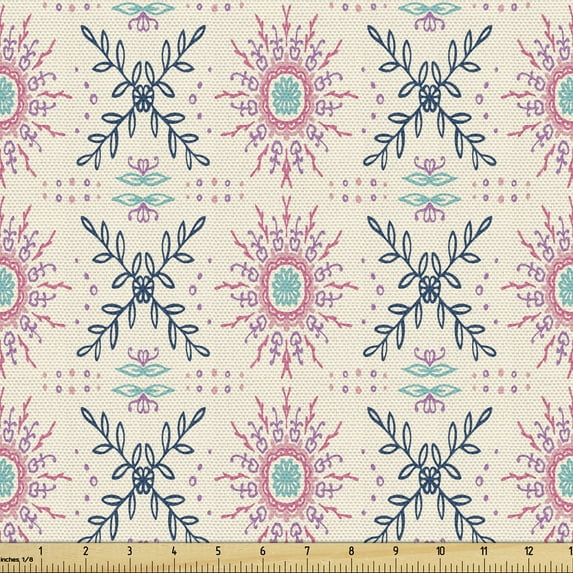Ambesonne Floral Fabric by the Yard Upholstery, Ornamental Floral and Hip, 1 Yard, Champagne and Multicolor
