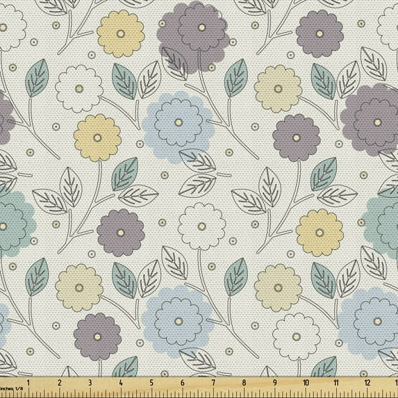 Ambesonne Floral Fabric by the Yard Upholstery, Oversimplified Dots Flowers, 2 Yards, Grey Pink and Pale Blue Grey