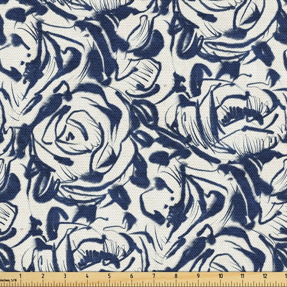 Ambesonne Floral Fabric by the Yard Upholstery, Oversimplified Flowers Ink, 1 Yard, Dark Sky Blue and White