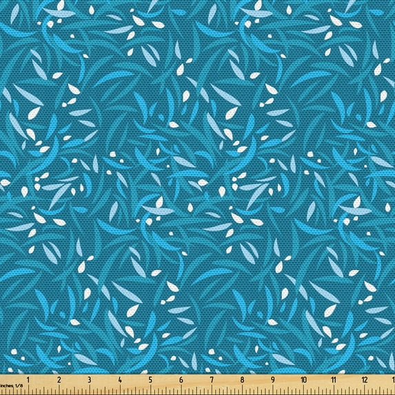 Ambesonne Floral Fabric by the Yard Upholstery, Oversimplified Leaf Pattern, 10 Yards, Petrol Blue Teal White