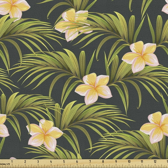 Ambesonne Floral Fabric by the Yard Upholstery, Palm Leaves Summer Flowers, 10 Yards, Olive Green Peach