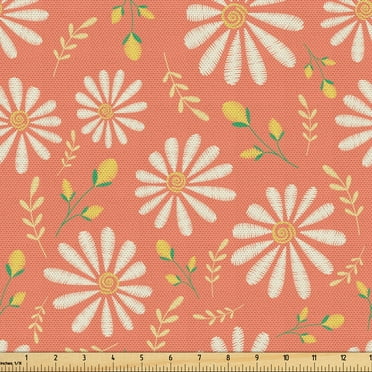 Ambesonne Floral Fabric by the Yard Upholstery, Pastel Chamomiles Leaves Art, 1 Yard, Dark Peach Pastel Yellow