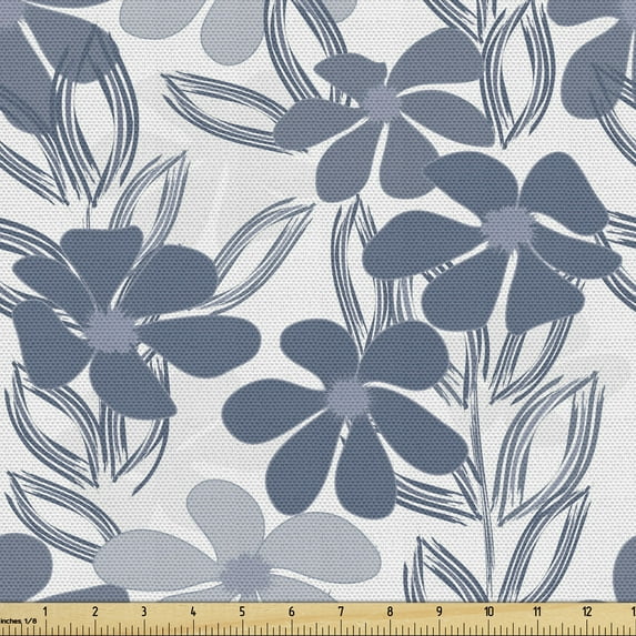 Ambesonne Floral Fabric by the Yard Upholstery, Pastel Colors with Leaves, 1 Yard, Pale Grey Slate Blue