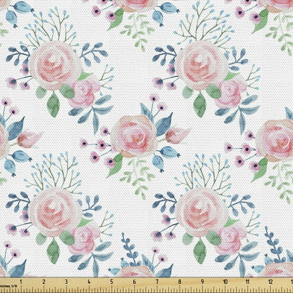 Ambesonne Floral Fabric by the Yard Upholstery, Pastel Tones Nature Summer, 3 Yards, White and Multicolor