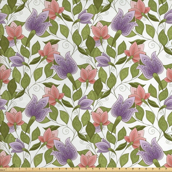 Ambesonne Floral Fabric by the Yard Upholstery, Pastel Tulip Flowers, 2 Yards, Olive Green Coral