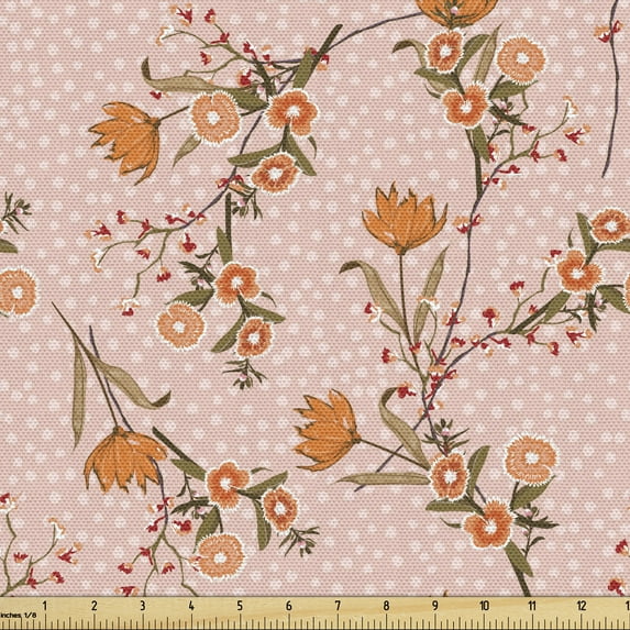 Ambesonne Floral Fabric by the Yard Upholstery, Pastel Wild Flower Drawings, 5 Yards, Blush Camel Burnt Sienna