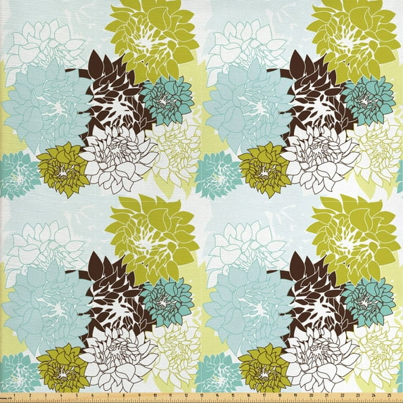 Ambesonne Floral Fabric by the Yard Upholstery, Pastel Wildflower Leaves, 3 Yards, Yellow Green Pale Blue
