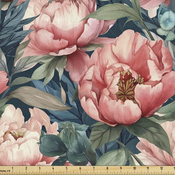 Ambesonne Floral Fabric by the Yard Upholstery, Peonies Colorful Botanical, 10 Yards, Pale Salmon Olive Green
