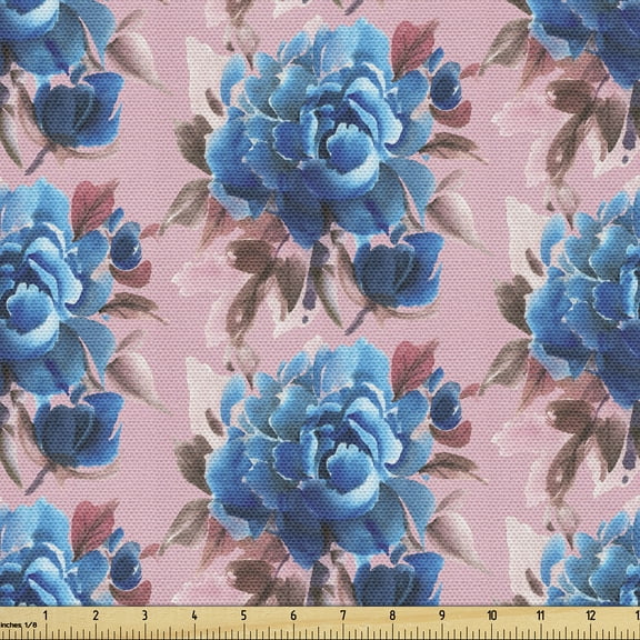 Ambesonne Floral Fabric by the Yard Upholstery, Peonies Spring Botanical Art, 1 Yard, Deep Sky Blue and Blush