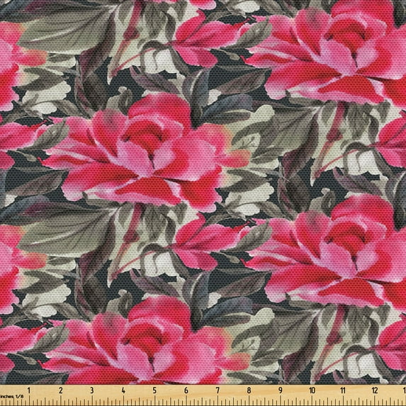 Ambesonne Floral Fabric by the Yard Upholstery, Peonies Watercolor Scene, 1 Yard, Dark Pink Slate Brown