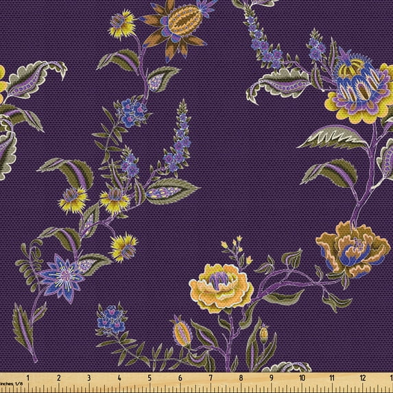 Ambesonne Floral Fabric by the Yard Upholstery, Peonies and Flowers Boho, 10 Yards, Dark Purple Pale Orange