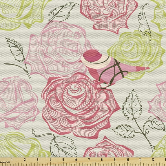 Ambesonne Floral Fabric by the Yard Upholstery, Perching Birds on Petals, 2 Yards, Multicolor