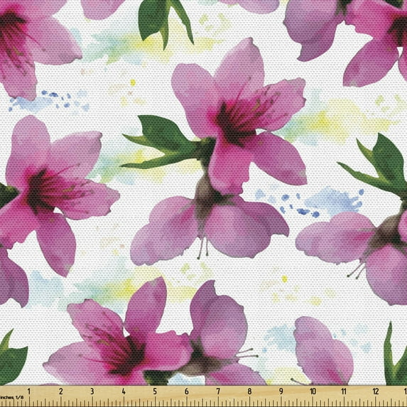 Ambesonne Floral Fabric by the Yard Upholstery, Petals Botany Essence, 1 Yard, Fuchsia Yellow
